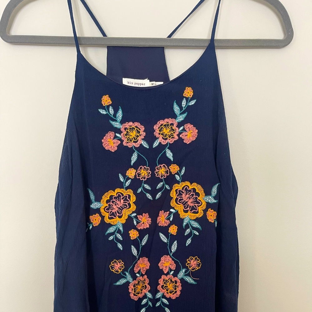 Blu Pepper Navy Tank with floral embroidery